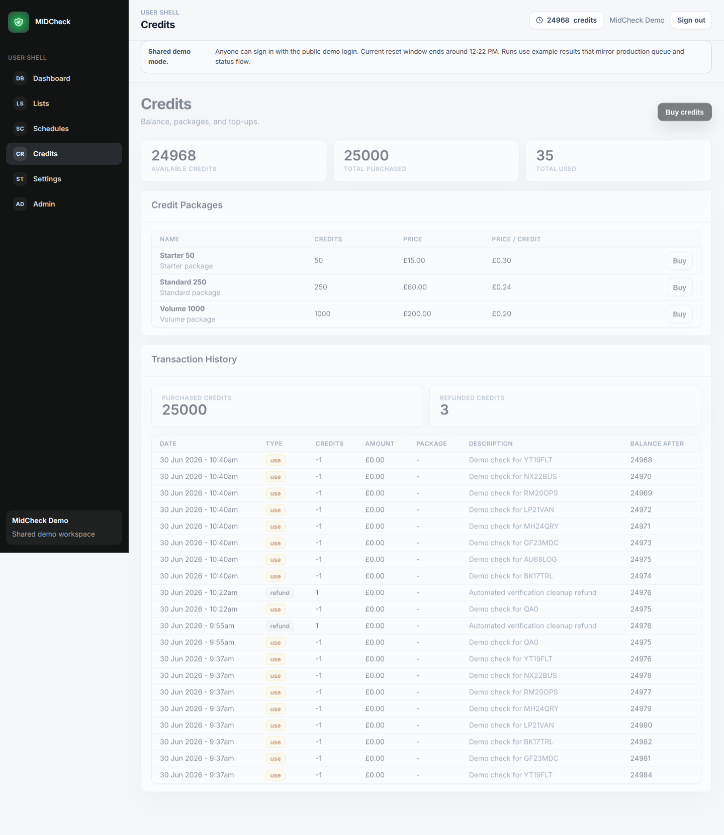 MIDSure product screen for vehicle lists, checks, credits, and reports.