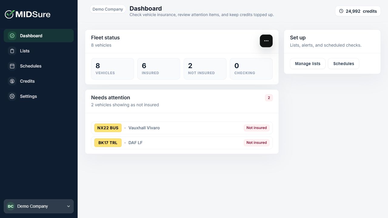 MIDSure product screen for vehicle lists, checks, credits, and reports.